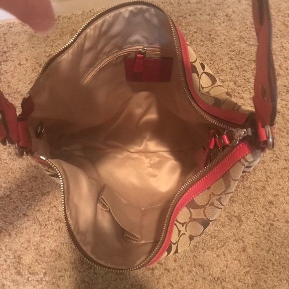 Coach Colette Pink Tan Signature Beige Leather Hobo Bag  Tan and pink coach hobo